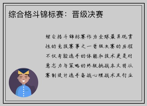 综合格斗锦标赛：晋级决赛