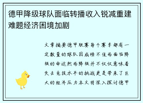 德甲降级球队面临转播收入锐减重建难题经济困境加剧